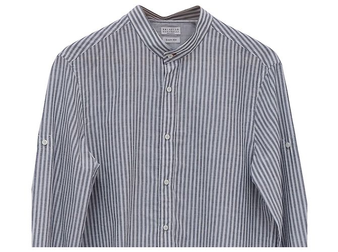 Camicia a bottoni Easy Fit Brunello Cucinelli in lino grigio e bianco - vista 2