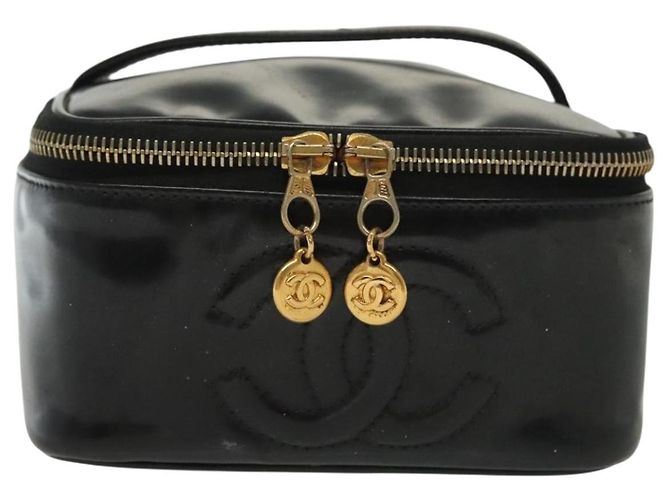CHANEL Necessaire Vanity Couro envernizado Preto Ouro CC Auth 137125 Dourado - vista 13