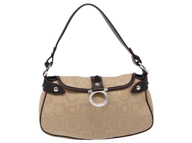Borsa a mano Gancini in tela beige e argento di Salvatore Ferragamo Auth bs28514 - vista 13