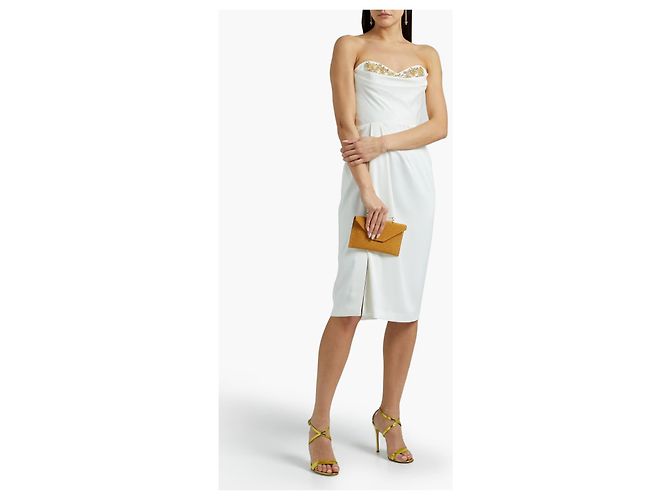 Marchesa Vestido de crepé blanco con adornos de cristal dorado - vista 5