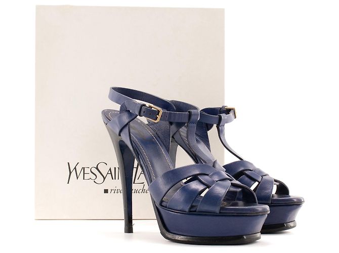 SAINT LAURENT - Sandali con piattaforma Tribute Saint Laurent in pelle blu navy (T38.5) - vista 7