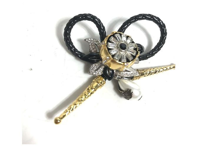 Spilla in pelle nera e metallo con strass Louis Vuitton Nero - vista 3