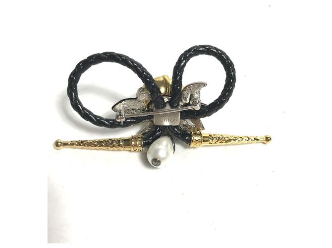 Spilla in pelle nera e metallo con strass Louis Vuitton Nero - vista 5