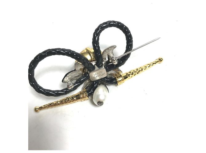 Spilla in pelle nera e metallo con strass Louis Vuitton Nero - vista 6
