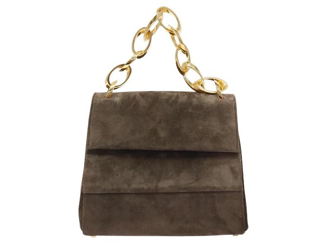 Borsa a mano con catena Salvatore Ferragamo in suede grigio oro Auth BA4690 Marrone D'oro - vista 13
