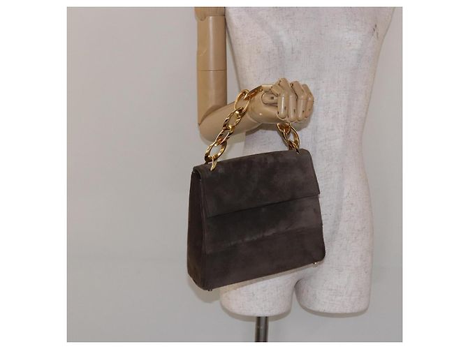 Borsa a mano con catena Salvatore Ferragamo in suede grigio oro Auth BA4690 Marrone D'oro - vista 20