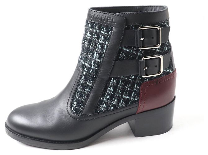 Stivaletti in pelle e tweed Chanel 22B G39334 Nero Blu chiaro - vista 5