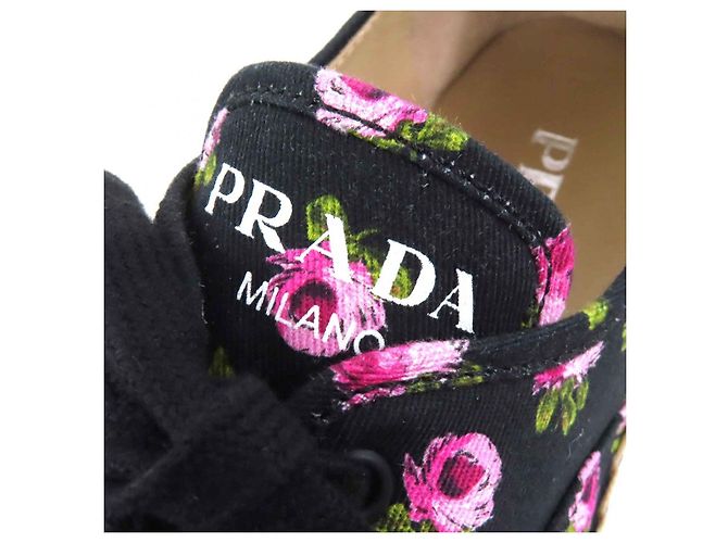 Prada Gabardine-Leinensandalen Schwarz Pink - Ansicht 9