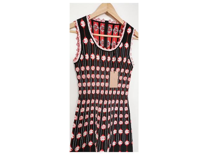 Alaïa Kleid Schwarz Weiß Rot Gemustert mit Muschelsaum Größe 38 - Ansicht 2