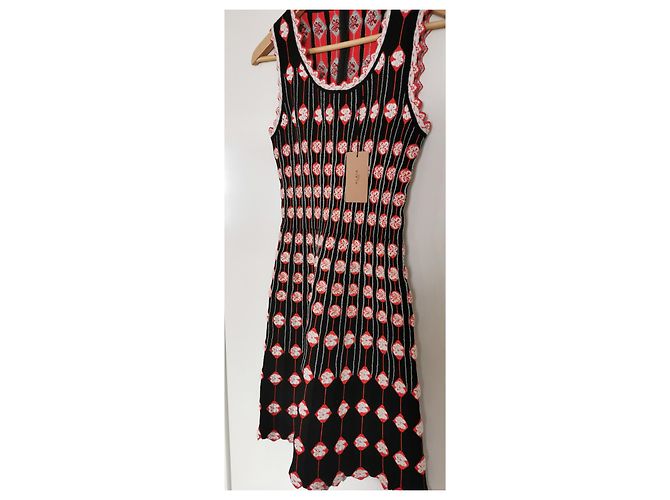 Alaïa Kleid Schwarz Weiß Rot Gemustert mit Muschelsaum Größe 38 - Ansicht 3