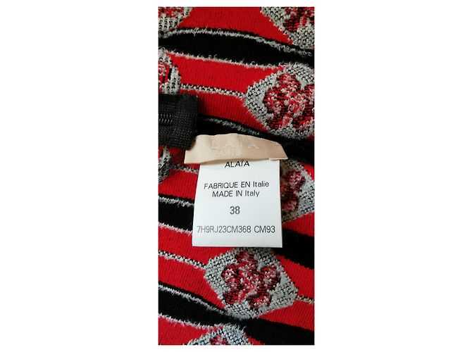 Alaïa Kleid Schwarz Weiß Rot Gemustert mit Muschelsaum Größe 38 - Ansicht 5