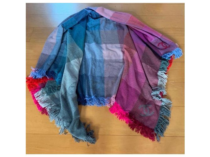 Chanel Kaschmirdecke blau rosa kariert mit CC Logo Pink - Ansicht 12