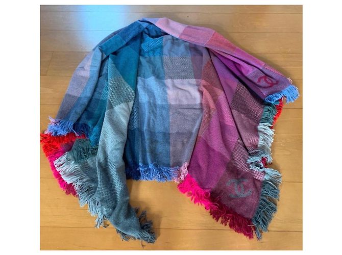Chanel Kaschmirdecke blau rosa kariert mit CC Logo Pink - Ansicht 3