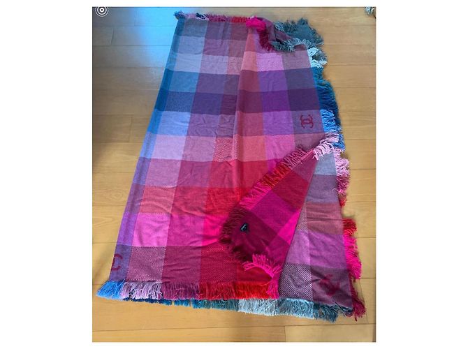 Chanel Kaschmirdecke blau rosa kariert mit CC Logo Pink - Ansicht 5