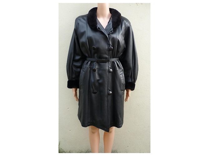 Abrigo Trench Jean Louis Scherrer Negro de Cuero de Cordero - vista 2
