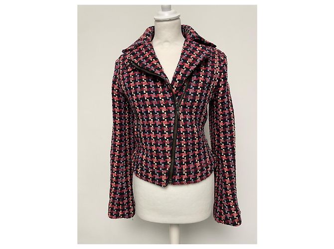 Autre Marque Giacca Biker BILL TORNADE Tweed Rosso e Blu Lana Bianco sporco - vista 6