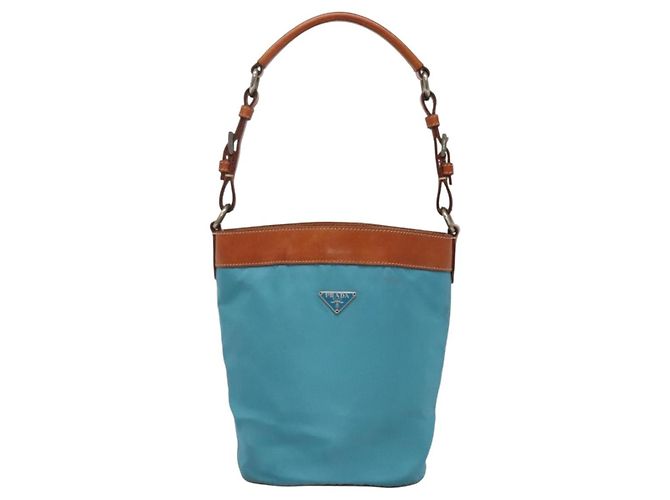 Borsa a Spalla PRADA in Nylon Pelle Argento Blu Auth 135381 - vista 13