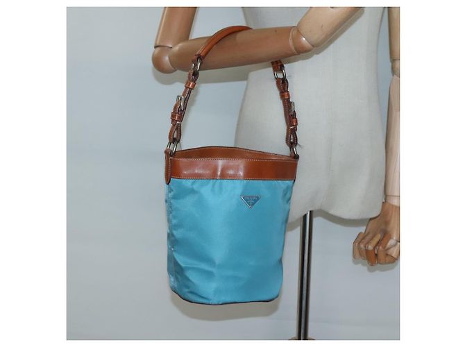 Borsa a Spalla PRADA in Nylon Pelle Argento Blu Auth 135381 - vista 25