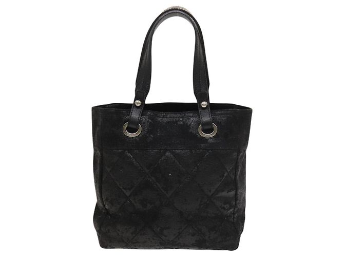 CHANEL Paris Biarritz Tote Bag Beschichtete Leinwand Schwarz Silber CC Auth 129603 - Ansicht 13