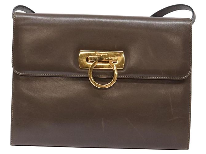 Borsa a Spalla Gancini in Pelle Marrone Argento Auth 135987 di Salvatore Ferragamo - vista 13