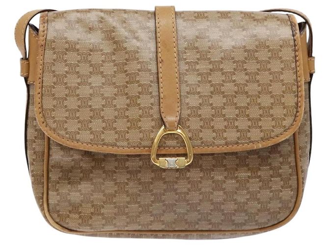 Céline Bolsa de Ombro em Lona Macadam CELINE PVC Bege Ouro Auth 137286 Dourado - vista 2