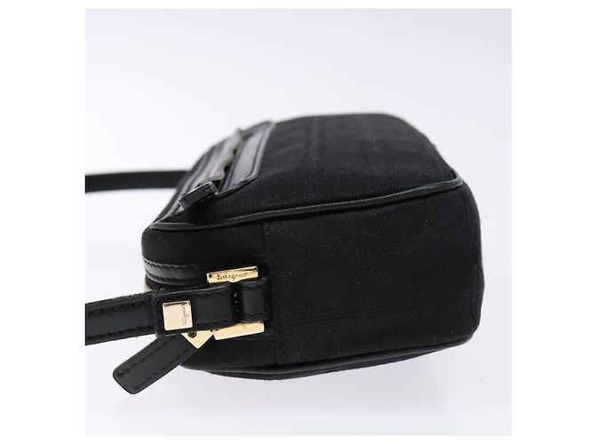 Borsa a Spalla Gancini Salvatore Ferragamo in Tela e Pelle Nera Dorata Auth bs28715 - vista 5