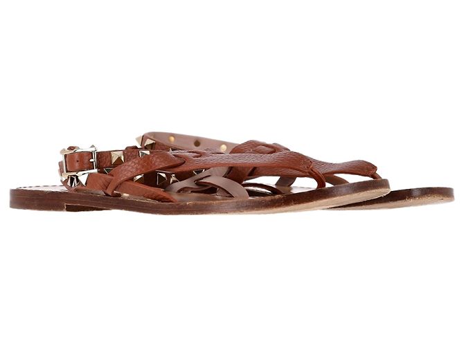 Sandali piatti T-Strap Rockstud Valentino Garavani in pelle marrone Rosso - vista 4