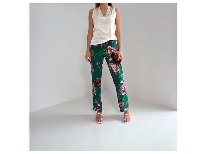 Gucci Pantalones de seda verdes con estampado floral - vista 2