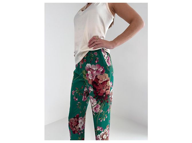 Gucci Pantalones de seda verdes con estampado floral - vista 3