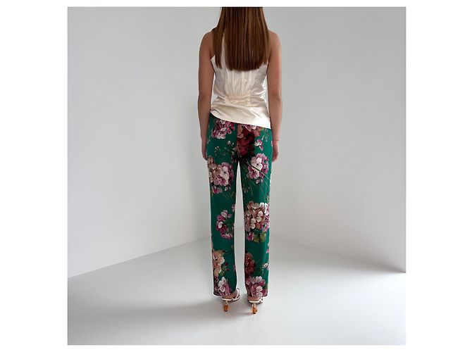 Gucci Pantalones de seda verdes con estampado floral - vista 9