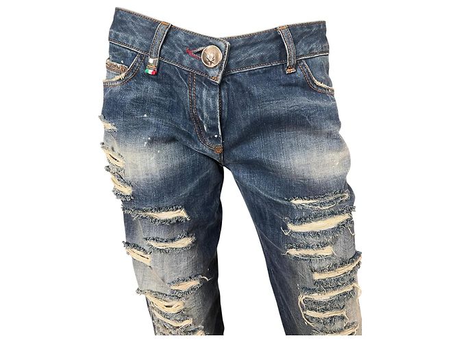 Jeans Philipp Plein Milkshake boyfriend strappati blu cotone - vista 2
