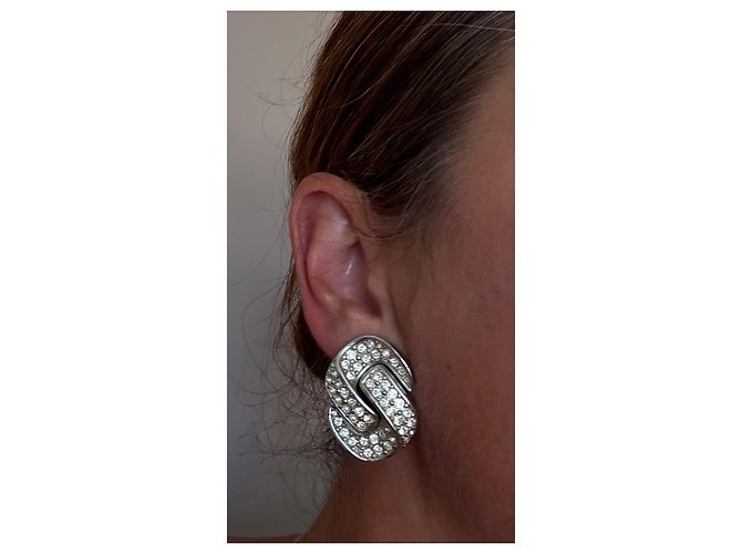 Orecchini Christian Dior Argento Metallo Strass Doppia C - vista 6