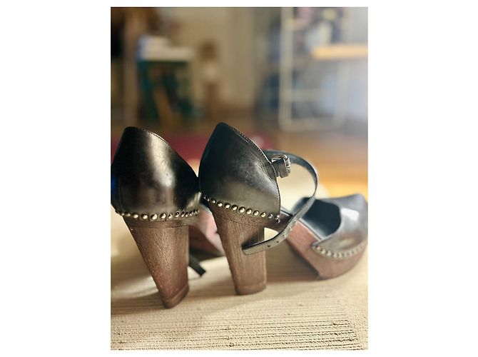 Prada Vintage Black Leather Clogs with High Sculpted Wooden Heels - view 2