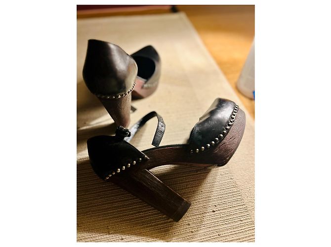 Prada Vintage Black Leather Clogs with High Sculpted Wooden Heels - view 4
