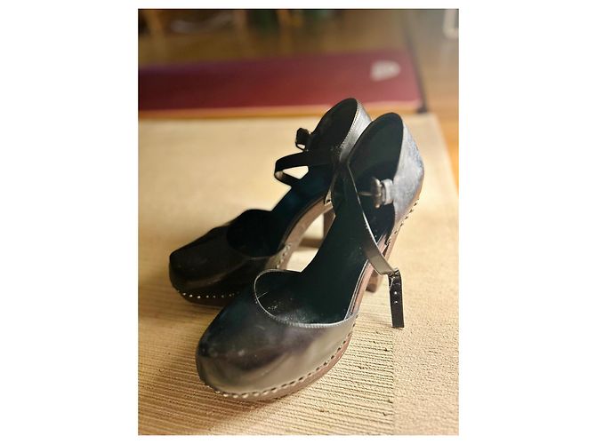 Prada Vintage Black Leather Clogs with High Sculpted Wooden Heels - view 5