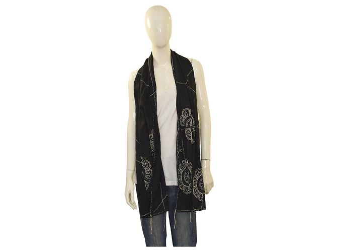 Autre Marque Peachoo + Krejberg Sciarpa Lunga Nera Decorata – Design di Ricamo Floreale – Nuova con Etichette Nero - vista 7
