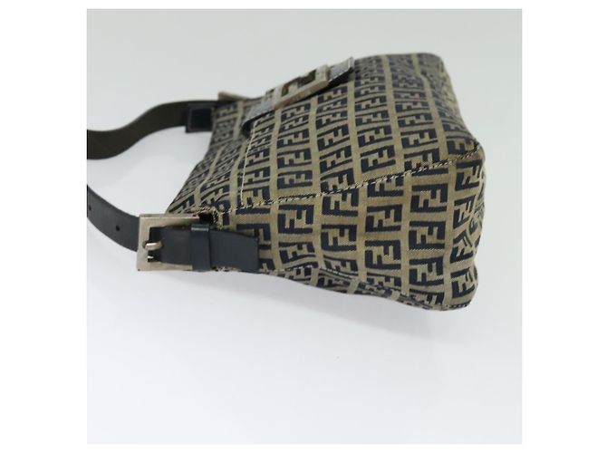 FENDI Zucchino Canvas Mamma Baguette Schultertasche Navy Silber Auth 138467 - Ansicht 3