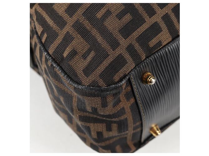 Bolso de mano de lona Zucca FENDI negro marrón oro Auth BA4615 Castaño Dorado - vista 10