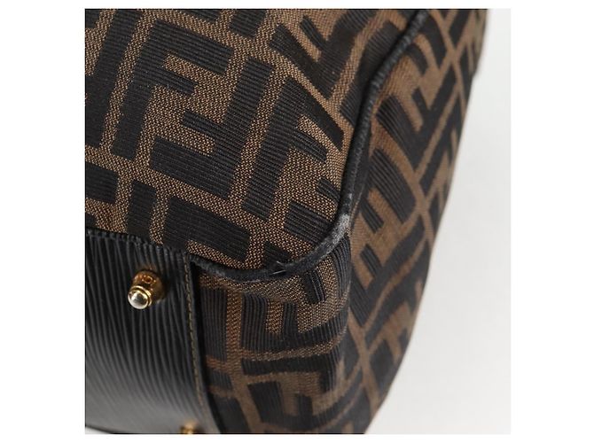 Bolso de mano de lona Zucca FENDI negro marrón oro Auth BA4615 Castaño Dorado - vista 11