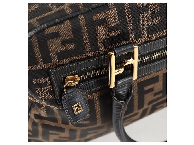 Bolso de mano de lona Zucca FENDI negro marrón oro Auth BA4615 Castaño Dorado - vista 14