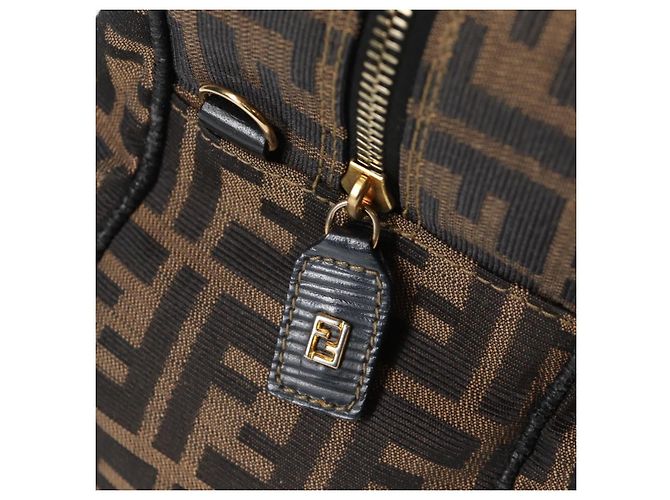 Bolso de mano de lona Zucca FENDI negro marrón oro Auth BA4615 Castaño Dorado - vista 16