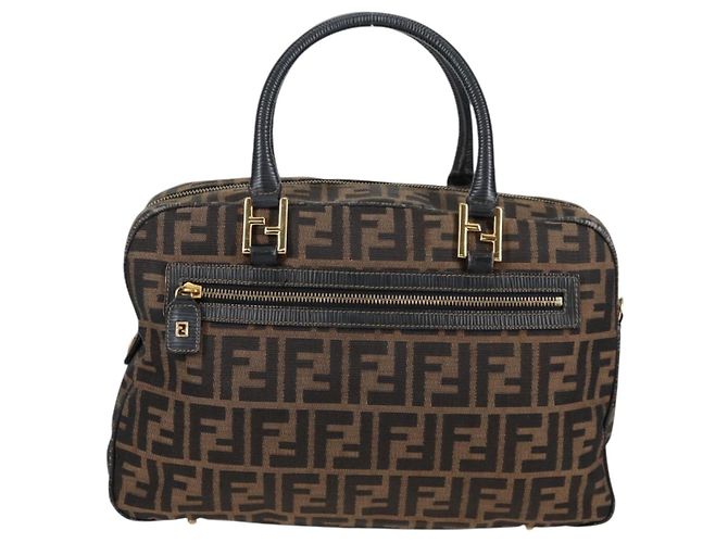 Bolso de mano de lona Zucca FENDI negro marrón oro Auth BA4615 Castaño Dorado - vista 2