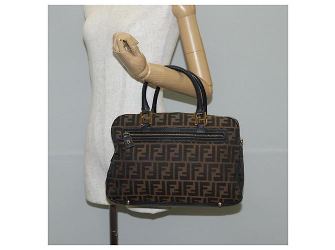 Bolso de mano de lona Zucca FENDI negro marrón oro Auth BA4615 Castaño Dorado - vista 23