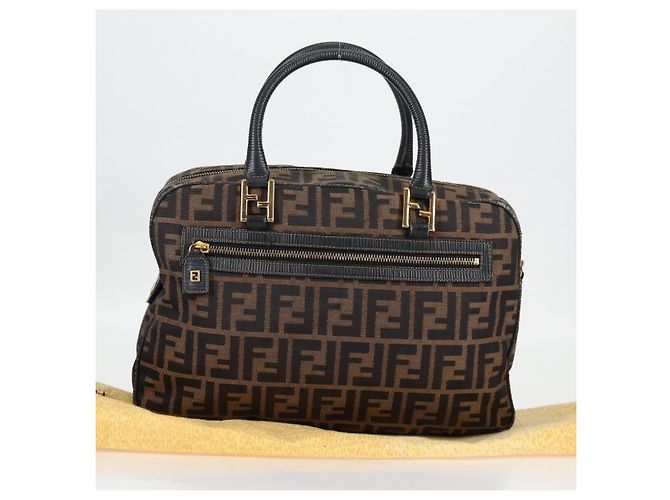 Bolso de mano de lona Zucca FENDI negro marrón oro Auth BA4615 Castaño Dorado - vista 24