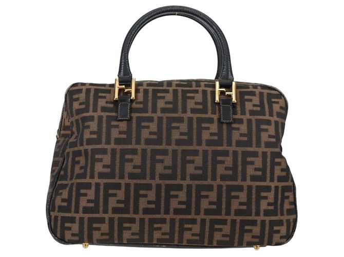 Bolso de mano de lona Zucca FENDI negro marrón oro Auth BA4615 Castaño Dorado - vista 3