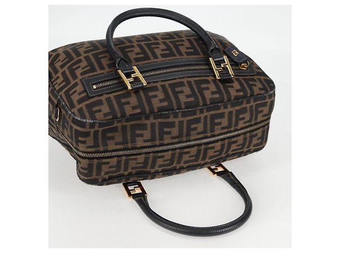 Bolso de mano de lona Zucca FENDI negro marrón oro Auth BA4615 Castaño Dorado - vista 6