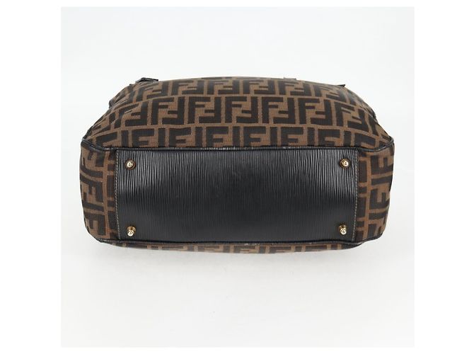 Bolso de mano de lona Zucca FENDI negro marrón oro Auth BA4615 Castaño Dorado - vista 9