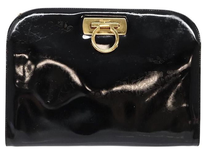 Borsa a Spalla Gancini con Catena Salvatore Ferragamo Smalto Nero Oro Auth 139352 - vista 2