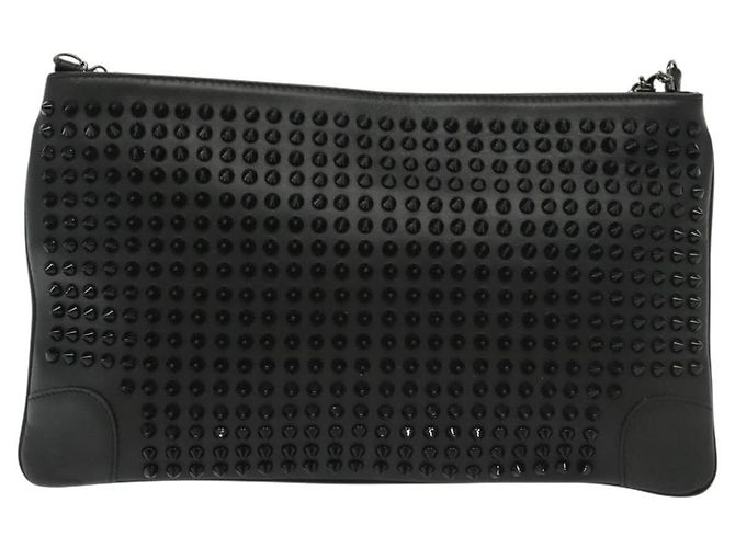 Borsa a spalla in pelle nera con borchie e catena Christian Louboutin Auth 137606 Nero Argento - vista 2