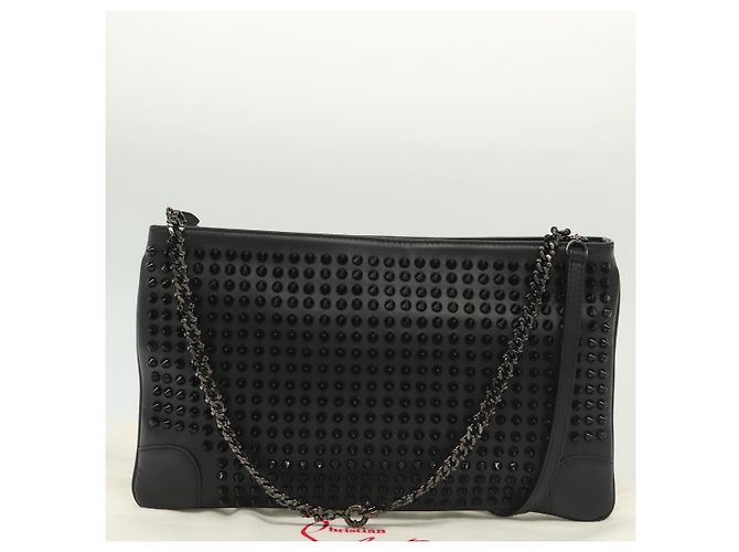 Borsa a spalla in pelle nera con borchie e catena Christian Louboutin Auth 137606 Nero Argento - vista 22